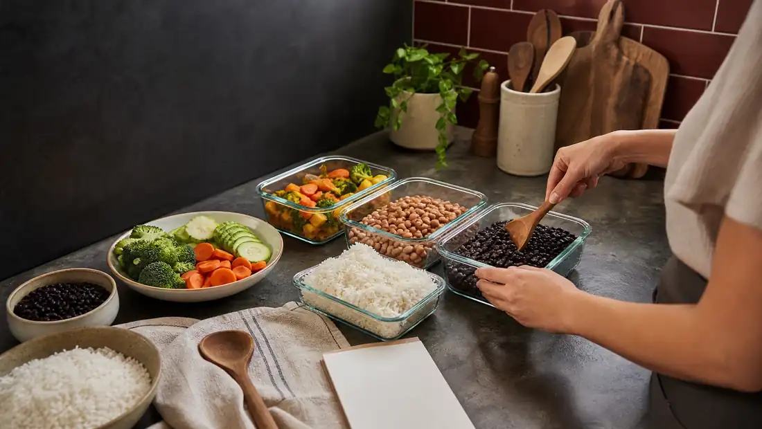 Cena editorial sobre planejamento de alimentos e organização da cozinha